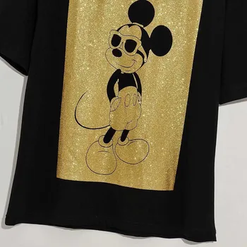 Disney Módne Mickey Mouse Zlato blingbling Karikatúra Tlače Harajuku Ženy T-Shirt O-Krku Krátky Rukáv Bavlna Tee Top Sučka Čierna