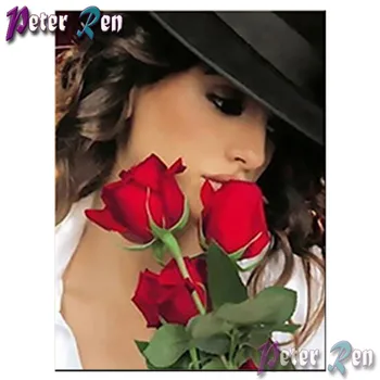 DIY Diamond Maľovanie Cross Stitch Žena v čiernom klobúku s rose plné Námestie\Kolo Výšivky Drahokamu obrázok domáce dekorácie