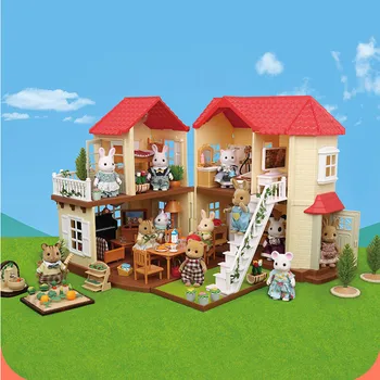 DIY Doll House Les Chata Villa Kolokačných Domov Domy Prekvapenie domček pre bábiky s Nábytkom Auta Zvierat Rodiny Hračky Nastaviť Deti Darček