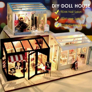 DIY Doll House Salón, Butik Bábika Domy Miniatúrny domček pre bábiky s Nábytkom Súprava s LED Svetlom Deti Hračky Narodeniny Vianočný Darček