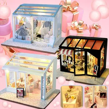 DIY Doll House Salón, Butik Bábika Domy Miniatúrny domček pre bábiky s Nábytkom Súprava s LED Svetlom Deti Hračky Narodeniny Vianočný Darček