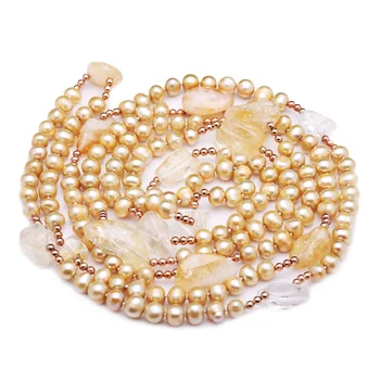 Dizajn 7x7.5 mm 158 cm champagne gold sladkovodné perly crystal náhrdelník dlhý sveter módne šperky