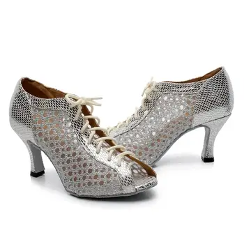 DKZSYIM dámy strany tanečné topánky PU mäkké dno + oka latinské tanečné topánky dámy salsa tanečné topánky strieborná/zlatá/čierna náklon 6-10 cm
