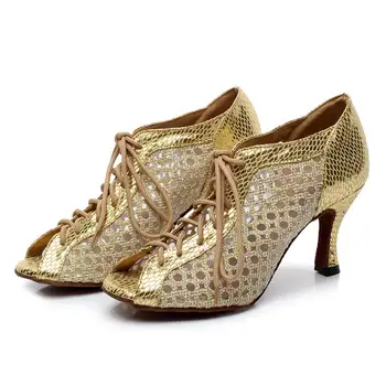 DKZSYIM dámy strany tanečné topánky PU mäkké dno + oka latinské tanečné topánky dámy salsa tanečné topánky strieborná/zlatá/čierna náklon 6-10 cm
