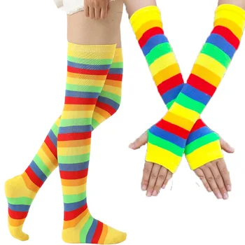 Dlho Barel Sedem Rainbow Bavlna Ženy Rukavice Sexy Pančuchy Nastaviť Palcom Diera Módne Teplé Rukavice Cosplay Rukavice Stripe Ponožky Oblek