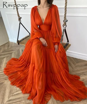 Dlhé Elegantné Večerné Šaty 2020 tvaru Riadok s Dlhým Rukávom Orange Šifón Dubaj Ženy Formálnej Strany Noc Lidies Plášte