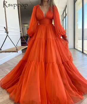 Dlhé Elegantné Večerné Šaty 2020 tvaru Riadok s Dlhým Rukávom Orange Šifón Dubaj Ženy Formálnej Strany Noc Lidies Plášte