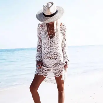 Dlhý rukáv ženy plážové šaty háčkovanie bikini kryt ups vystrihnúť čipky dlho, plavky, šaty pláž nosiť sexy beach-nosenie tunique