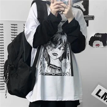 Dlhým rukávom t-shirt Jeseň kórejský štýl iny Harajuku bf štýl tmavé dievča tlač voľné falošné dvoch-dielny študentka, top košele