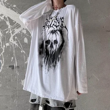 Dlhým rukávom T-shirt Topy Ženy Streetwear Top Goth Harajuku Lebky T Shirt Pohreb Graffiti Tmavé High Street Voľné Klesnutie