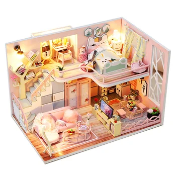 Doll House DIY domček pre bábiky S Nábytkom Montáž Drevených Miniatúrny domček pre bábiky LED Svetlo, Hračky Pre Deti Darček k Narodeninám