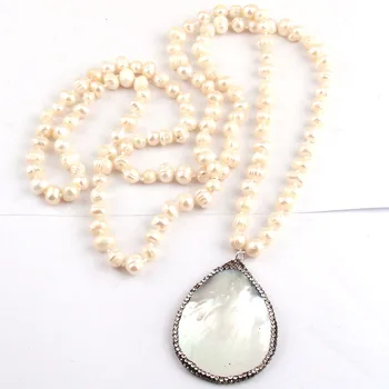 Doprava Zadarmo Módne Pearl Šperky Dlho Viazané Sladkovodné Perly Handmake Spevnené Shell Drop Náhrdelníky Pre Ženy