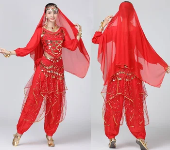 Dospelých Flitrami, Brušný Tanec Oblečenie Pre Ženy, Orientálne Indický Tanec Kostýmy Dlhým Rukávom Top Tričko+ Nohavice Brušného Tanca Oblek