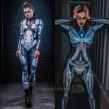 Dospelých Halloween Kostýmy, Sexy Ženy Gotický Jumpsuit Steampunk Sci-Fi Oblečenie Žien Modrá Robot Bojovník Cosplay Kostým