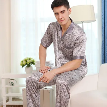 Dospelých Hodváb Sleepwear Samec Krátky Sleelve oblečenie pre voľný čas Mužov Hodváb Mrežovou Pyžamo pánske Krátke Rukávy Hodváb Klopy Plus Veľkosť D-2185