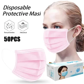 Dospelých Unisex Čistenie Vzduchu Jednorazové Masku Na Tvár Kryt Prach 3 Vrstvy Úst Masky S Filtrom 50 Ks Mascara Ochranné Ružová Mascarillas