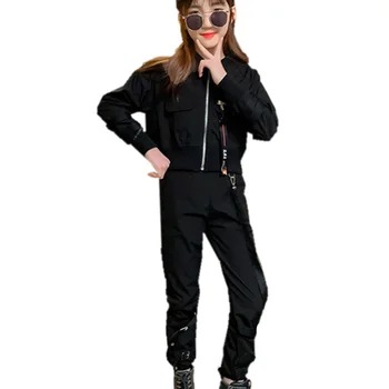 Dospievajúce Deti Dievča Oblečenie 2020 Zimné Jeseň Black Tepláková súprava Bunda, Kabát+ Cargo Nohavice Oblečenie 5 6 7 8 9 10 11 12 13 14Years Staré