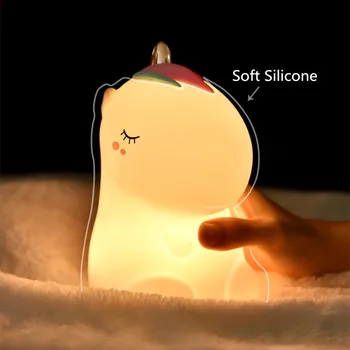 Dotykový Snímač Farebné Jednorožec LED Nočné Svetlo Cartoon Silikónové USB Nabíjateľné Spálňa Nočná Lampa pre Deti detský Baby Darček