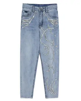 Drahokamu džínsy ženy 2021 jar leto Ťažký Priemysel módne Korálky Vysoký Pás Voľné Bežné Rovné Denim nohavice p2265