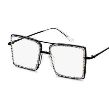Drahokamu Okuliare Módne Transparentné námestie slnečné okuliare Módne Odtiene Crystal kovový rám Krátkozrakosť Blbecek Okuliare, Rám, Ženy, Muži