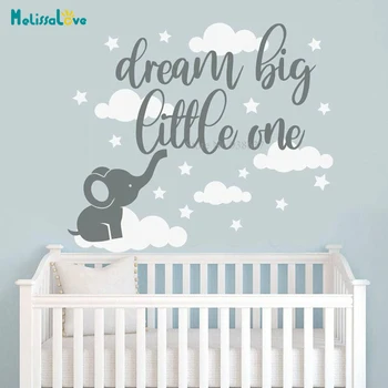 Dream Big Little Jeden Citát Detská izba odtlačkový Cute Baby Slona Cloud Star Škôlky Dekor Chlapec, Izba Tapety BA823