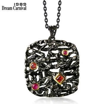 DreamCarnival1989 Neo-Gotickom Dlhý Náhrdelník pre Ženy, Čierna, Zlatá Farba Veľký Prívesok Červená CZ Duté Collana Kostýmy Collier WP6474
