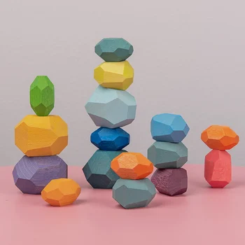 Drevené Farebné Kamenné Jenga Stavebným Vzdelávacie Hračka Na Kreatívne Nordic Štýl Stohovanie Hra Rainbow Drevená Hračka Darček