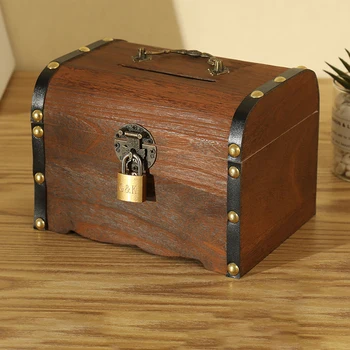 Drevené Peniaze Box Peňažné Prasiatko Úspory Drevorezbárstvo Ručné Vintage Dieťa Hotovosti Mince Úložný Box Pirate Treasure Box