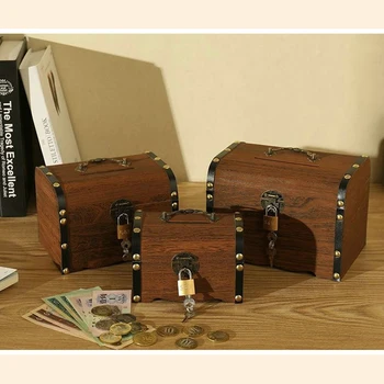 Drevené Peniaze Box Peňažné Prasiatko Úspory Drevorezbárstvo Ručné Vintage Dieťa Hotovosti Mince Úložný Box Pirate Treasure Box