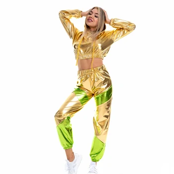 DROZENO 8-farba hip-hop dámske nohavice dlhý rukáv, krátke pulóver voľné bežné ulici kovové laserové farebné voľné nohavice