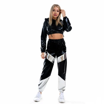 DROZENO 8-farba hip-hop dámske nohavice dlhý rukáv, krátke pulóver voľné bežné ulici kovové laserové farebné voľné nohavice