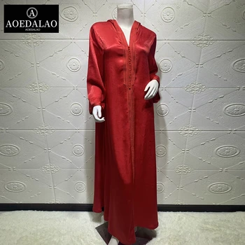 Dubaj Kapucňou Abaya Šaty pre Ženy, Francúzsko Zamatovou Stuhou Dlhý Rukáv Marocký turecký arabské Moslimské Oblečenie Červená 2020 Nové
