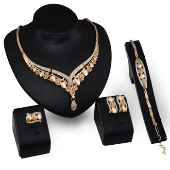 Dubaj Zlaté Šperky Sady Crystal Náhrdelník Náramok, Náušnice, Prsteň Nigérijský Svadobné Party Ženy Módne Svadobné Šperky Set