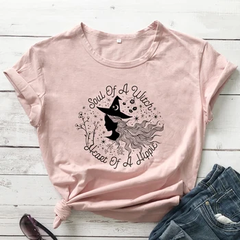 Dušu Čarodejnice Srdci Hippie T-shirt Estetické Ženy Lumbálna Graphic Tee Top Funny Základné Čarodejnice Tričko Grunge Streetwear