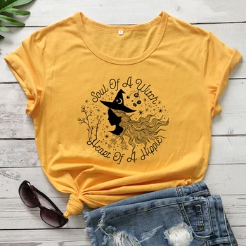 Dušu Čarodejnice Srdci Hippie T-shirt Estetické Ženy Lumbálna Graphic Tee Top Funny Základné Čarodejnice Tričko Grunge Streetwear