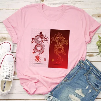 Dva Mohutné Čínsky Drak Print T Shirt Ženy 2020 Nové Letné Voľné Bežné Tričko Streetwear Ružová Harajuku Vintage Topy T-shirt
