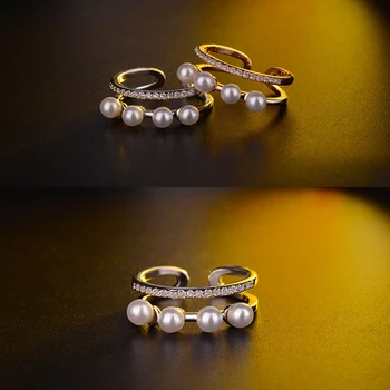 Dvojité Vrstvy Simulované-pearl & CZ Zirkónmi Žena Svadby Prst Krúžky Rose Gold Color Módne Šperky Darček pre Ženy
