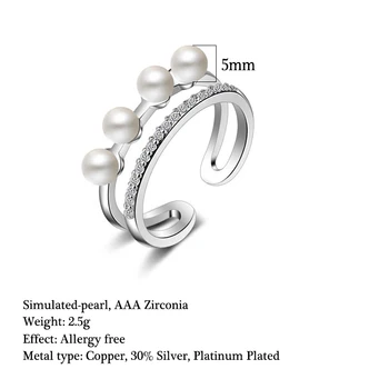 Dvojité Vrstvy Simulované-pearl & CZ Zirkónmi Žena Svadby Prst Krúžky Rose Gold Color Módne Šperky Darček pre Ženy