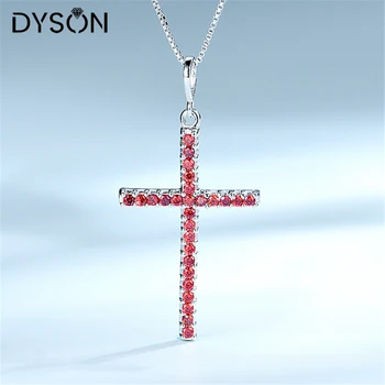 Dyson Reálne 925 Sterling Silver Náhrdelníky Pre Ženy Vytvorená Drahokam Ruby Cross Prívesok Náhrdelníky S Reťazca Klasické Jemné Šperky