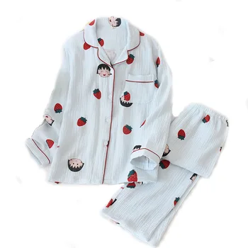 Dámske Bavlnené Krepové Pyžamo Dlhý Rukáv, Nohavice Cartoon Tlač Pijama Mujer Mäkké a Pohodlné Sleepwear Domáce Oblečenie 2 Kus