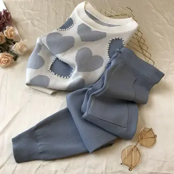 Dámske dvojdielne bežné pletené-krátke rukávy nohavice na jar a v lete vytlačené korálkové pulóver + dvojité vrecko čipky nohavice ženy