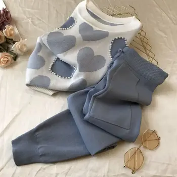 Dámske dvojdielne bežné pletené-krátke rukávy nohavice na jar a v lete vytlačené korálkové pulóver + dvojité vrecko čipky nohavice ženy