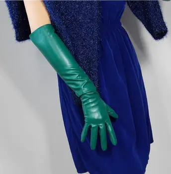 Dámske módne tmavo zelená sexy štíhla faux pu kožené rukavice lady klub výkon formálnej strany kožené dlhé rukavice 60 cm R2207