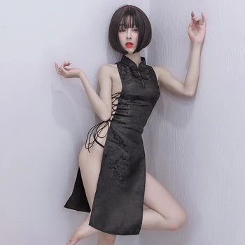 Dámske Sexy Cheongsam Čínsky Štýl Tradičné Šaty, spodná Bielizeň Čierna Biela Qi Pao Obväz Split Chongsam pre Ženy Qipao Zime