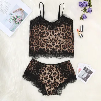 Dámske Sexy Čipka Vášeň Leopard Sleepwear Odev Camis a Šortky Pohodlné Pajama Nastaviť Pijamas Para Ako Mulheres Nightgown