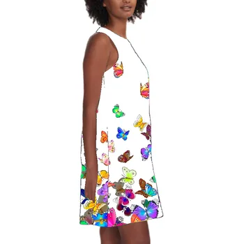 Dámske Voľné Letné Šaty Módne 3D Butterfly Tlač Mini Šaty bez Rukávov Bežné Kolo Krku Šaty Žien Čierne Sexy Vestidos