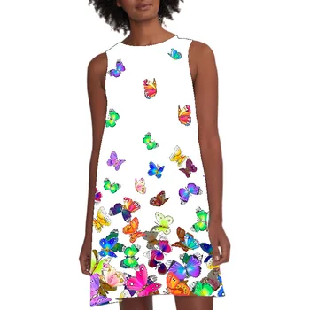 Dámske Voľné Letné Šaty Módne 3D Butterfly Tlač Mini Šaty bez Rukávov Bežné Kolo Krku Šaty Žien Čierne Sexy Vestidos