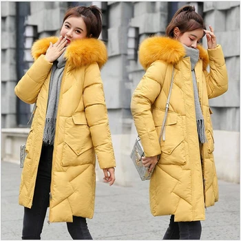 Dámske zimné bundy veľké Umelé kožušiny golier ženy kabát slim bavlna-čalúnená dlhá bunda vrchné oblečenie zimnú bundu 3XL F73