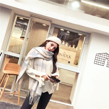 Dámske zimné nový módny trend bežné kockovaný šál Japonský imitácia cashmere hrubé teplé šatku šatku, šál