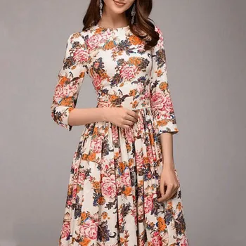 Dámske Šaty Kvetinový Tlač Tenké Vintage Bežné Úradu Práce Riadok Koleno Dĺžke Šaty Vestidos De Mujer Horúce Letné Šaty Predaj